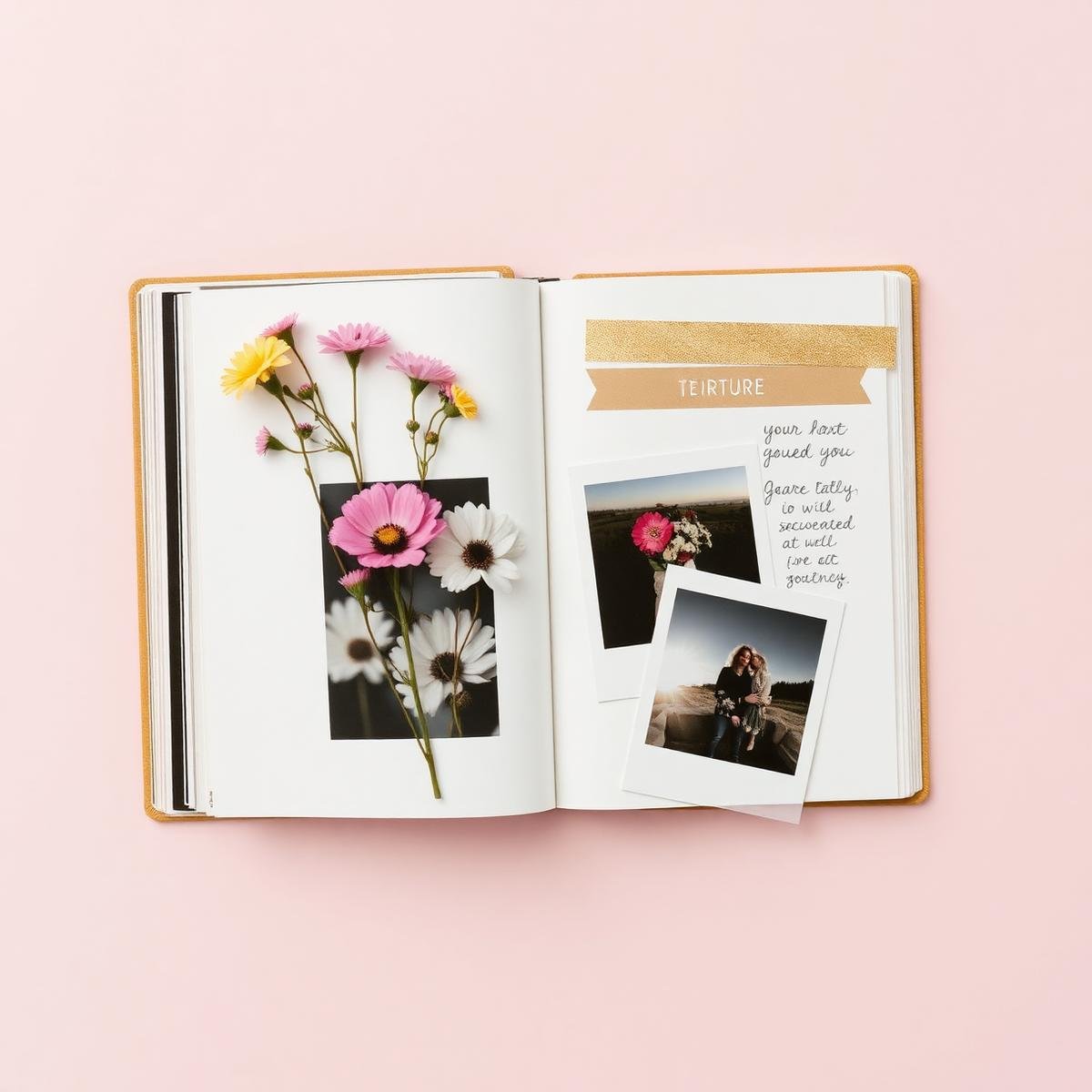 Handmade scrapbook with pressed flowers and polaroids